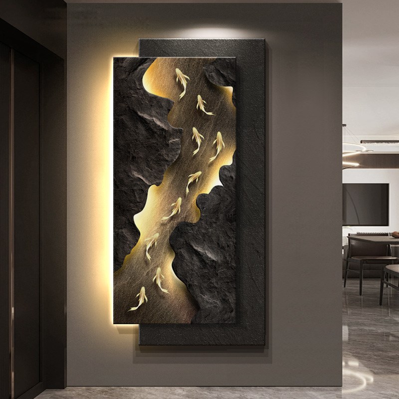 现代轻奢玄关装饰画立体砂岩九鱼寓意好挂画高级入户正对门壁灯画图片
