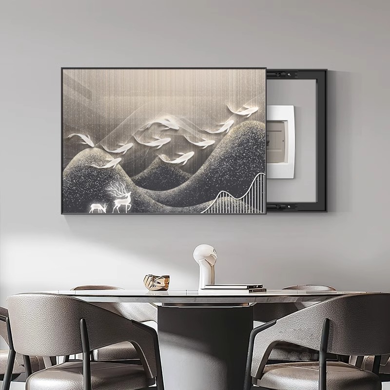 现代轻奢电表箱装饰画九鱼图免打孔配电箱遮挡壁画开关电闸盒挂画图片
