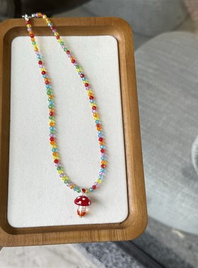 韩系可爱彩色多巴胺水晶串珠琉璃蘑菇项链吊坠甜美锁骨链颈链