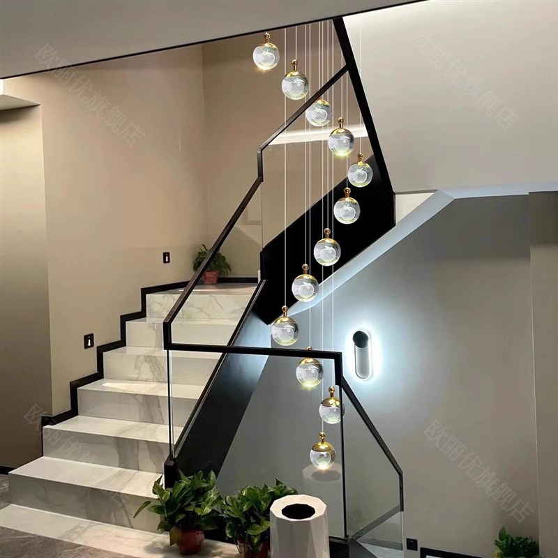 轻奢loft挑高楼梯间吊灯现代简约小复式楼别墅客厅水晶旋转长吊灯