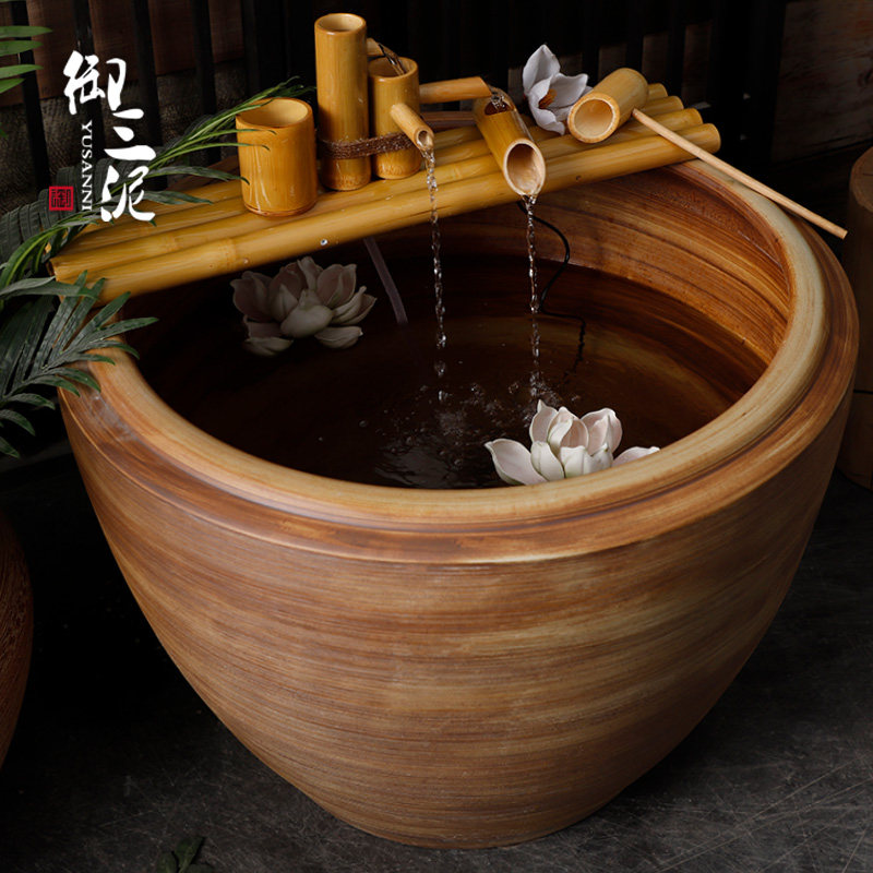 陶瓷粗陶手工大圆坛特大水缸棕木纹纹理线条鱼缸落地摆件庭院园林,家居饰品,装饰摆件,淘宝优惠券,粉丝福利购,淘宝优惠卷