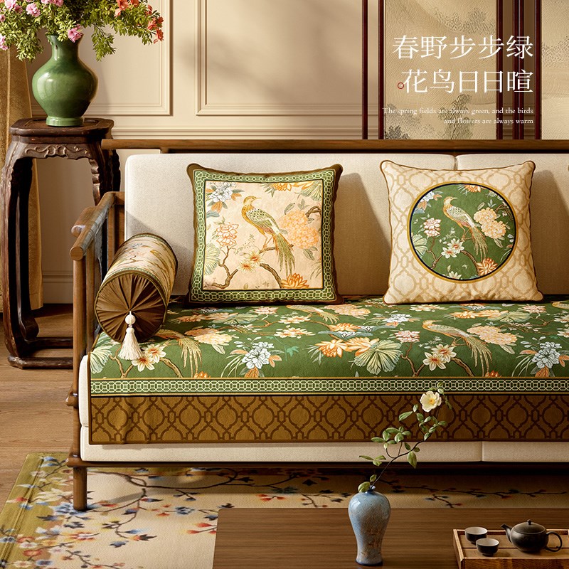 四季通用沙发搭巾一片式中式沙发垫超薄空气棉短毛绒防滑我栖春山