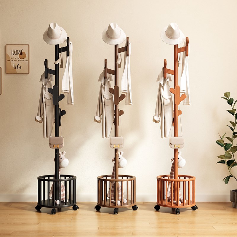 实木衣架脏衣篮落地衣帽架卧室可移动全实木挂衣架脏衣篓置物架