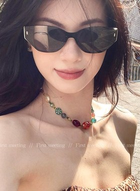 新中式彩色琉璃串珠项链女款2025新款多巴胺锁骨链高级感颈链配饰