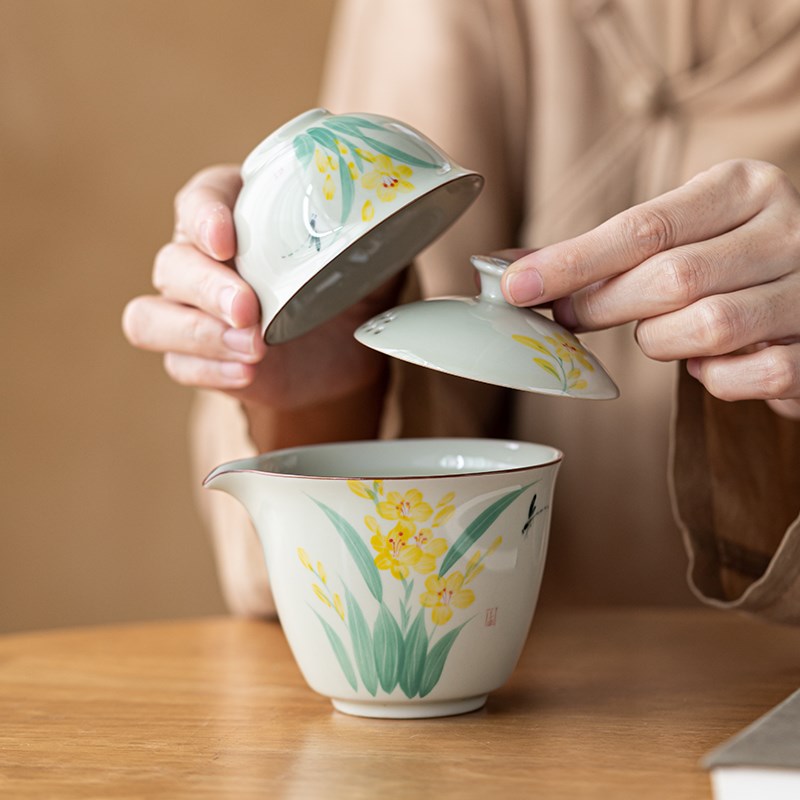 画续草木灰手绘蕙兰快客杯旅行便携手抓壶茶具套装二人泡茶杯陶瓷