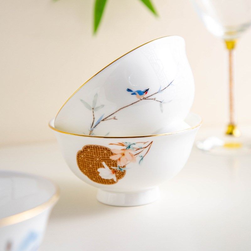 6个装新款骨瓷中式金边高脚碗防烫家用4.5英寸吃饭碗米饭碗套装