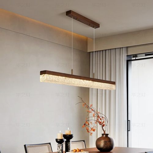 华之灯 黑胡桃木长条吊灯 新中式护眼极简一字茶室饭厅家用餐厅灯