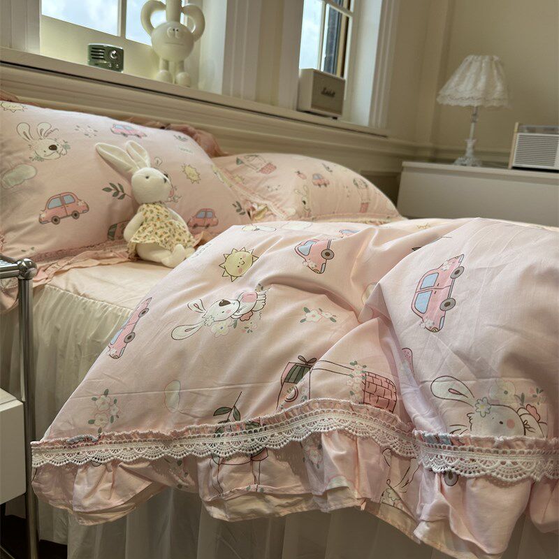 卡通童趣公主花边童年梦床裙四件套全棉1.5m1.8米被套三件式床组