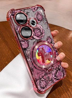 POCOM6PLUS玫瑰印花全包防摔手机壳pocom6plus马上有钱支架新年款国风国潮气囊按键精准闪粉渐变ins风网红款