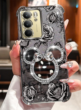 RealmeC75真我14X手机壳realmec75真我14x玫瑰印花米奇旋转支架自带补妆镜全包防摔软边框防摔气囊镜头防摔壳
