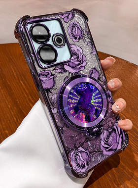 小米POCOM6PLUS手机壳pocom6plus玫瑰印花旋转陀螺支架新年款国风国潮全包防摔磨砂肤感ins风高端防刮套