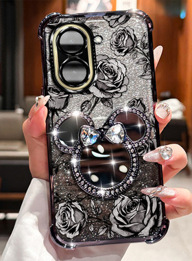 POCOC71玫瑰印花全包防摔手机壳pococ71米奇旋转支架自带补妆镜软边框防摔气囊镜头磨砂肤感ins风网红同款