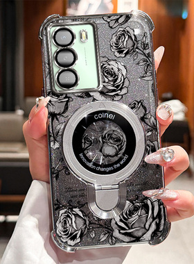 REALME14X5G 手机壳realme14x5g玫瑰印花电镀全包手机壳 防摔简约高级感小 U 磁吸支架