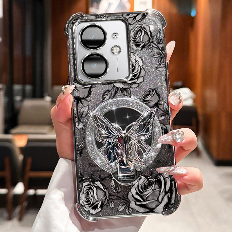 RealmeNeo7SE 手机壳 realmeno7se 玫瑰印花蝴蝶镜面支架适用无线充电轻奢小众热卖个性套