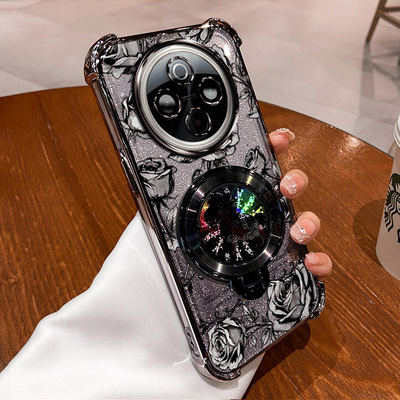 vivoY300PRO+国内版手机壳y300pro+玫瑰印花马上有钱支架新年款国风国潮全包防摔软边框防摔感高透网红保护套