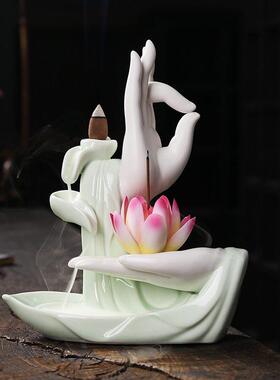 陶瓷莲花佛手倒流檀香炉创意青瓷佛手香薰炉家居饰品摆件原创