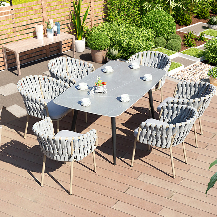 户外桌椅庭院藤编外露管北欧绳编家具室外防水防晒设计师别墅餐桌