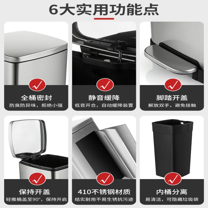 OF9D高脚垃圾桶厨房大号30L不锈钢带盖脚踏餐厅酒店卫生桶免弯腰
