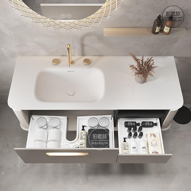 意式极简国产可丽耐一体盆浴室柜组合橡木烤漆洗脸盆洗手台智能镜