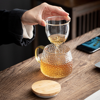 馨玉坊锤纹玻璃杯带盖家r用茶水分离水杯带把泡茶办公室花茶杯子