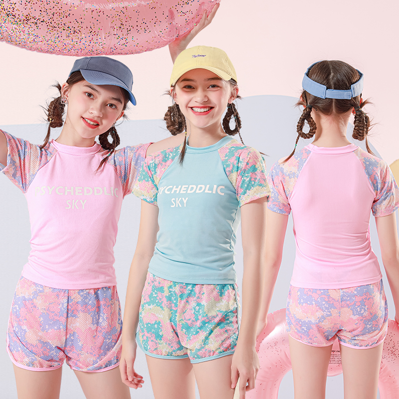 儿童游泳衣女2022年新款分体运动少女中大童9O-14岁泡温泉平角泳