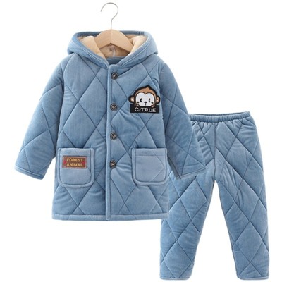 儿童睡衣冬季加绒加厚中长款三层夹棉男童法兰绒男孩珊.瑚绒家居