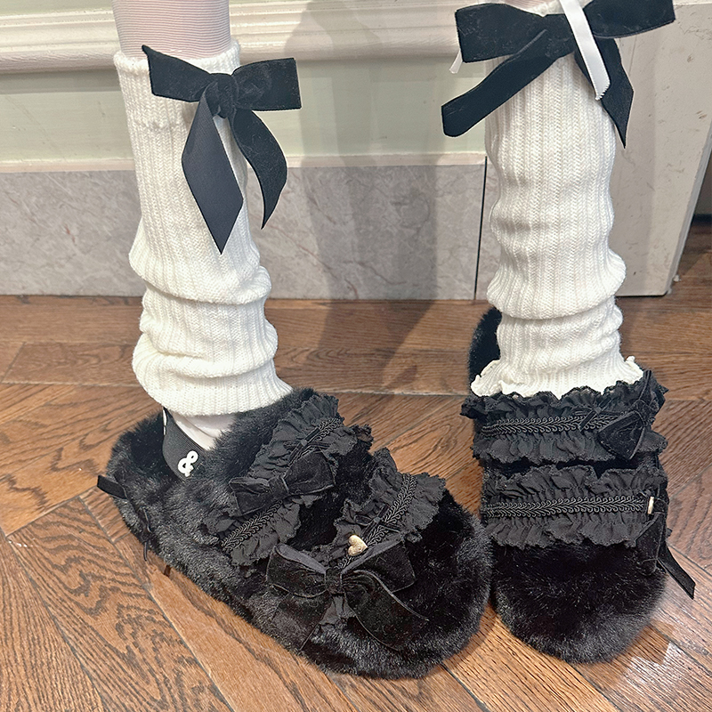 PINKYO原创毛毛拖鞋女外穿黑色花边2023新款韩版包头防滑毛绒棉拖