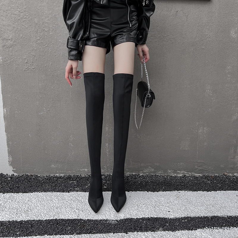 性感显瘦绸缎尖头细跟长筒靴女高跟过膝长靴黑色高筒瘦腿弹力袜靴