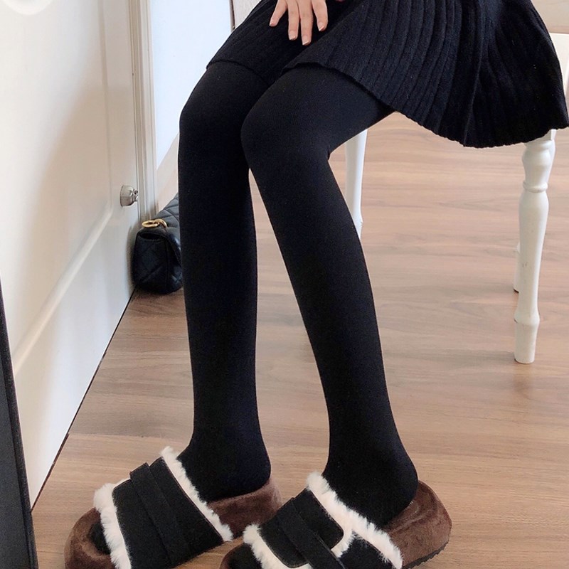 秋冬季黑色加绒打底裤女加厚保暖烟灰色连裤袜竖条纹深灰色踩脚袜