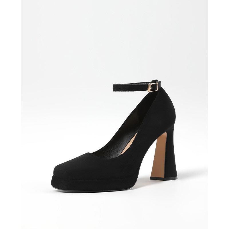 【跟高10CM】黑色高跟鞋2025新款绒面防水台厚底单鞋粗跟玛丽珍鞋