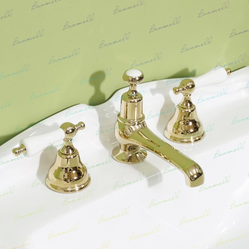 过WS 出口英国原单 NP嘴 陶瓷双开关把手 三孔金色复古面盆水龙头