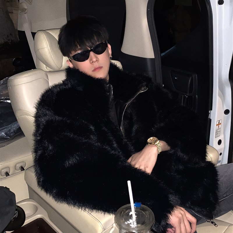 01H studios/美式黑色貂毛外套男冬季加厚棉服痞帅毛绒仿皮草大衣