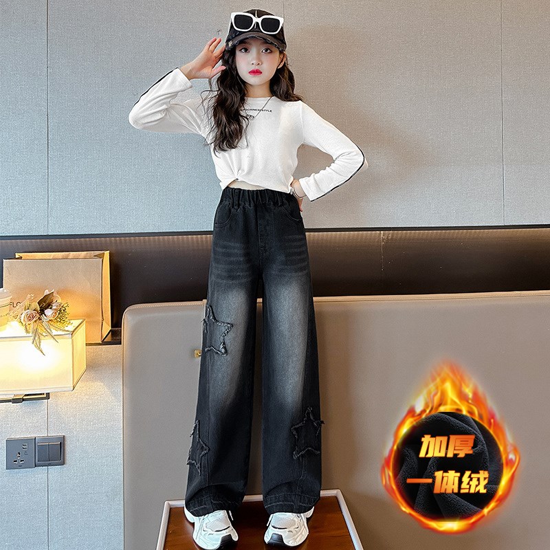 女童五角星一体绒牛仔裤秋季新品黑色阔腿裤中大童百搭显瘦直筒裤