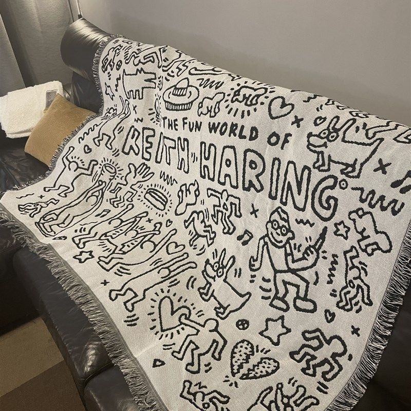凯斯哈林 黑白 涂鸦大师 Keith haring 提花大小号沙发毯子 装饰