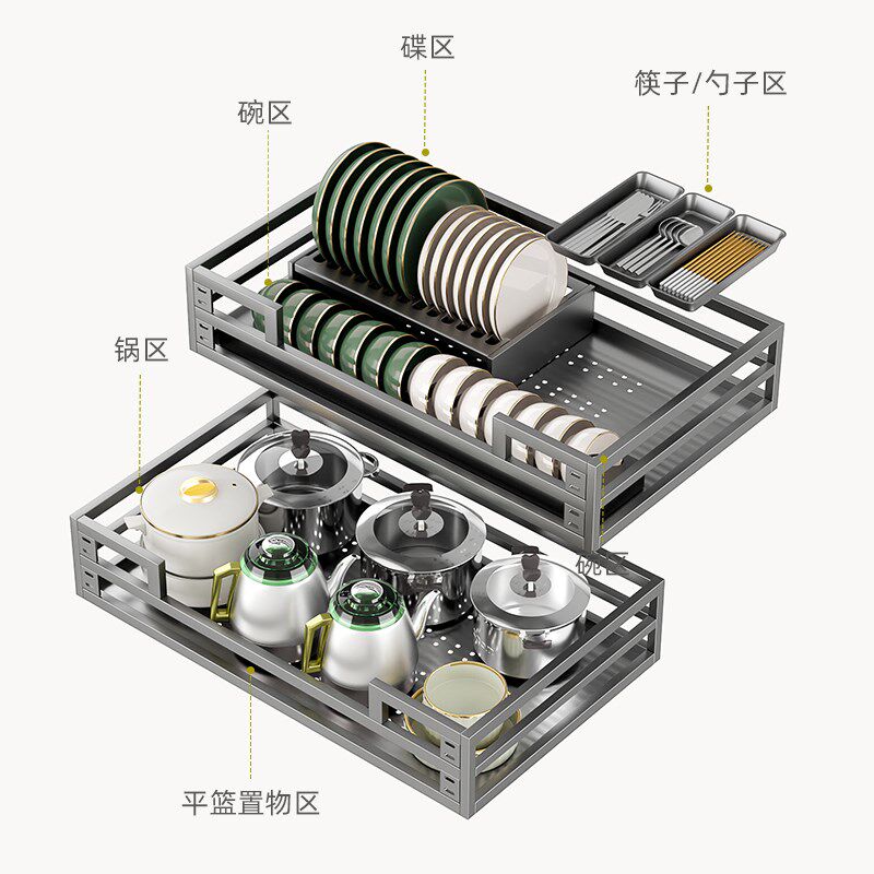 拉篮厨房橱柜304不锈钢双层D抽屉式碗架收纳碟架橱柜碗篮