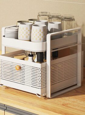 厨房抽拉式杯架子置物架水杯茶杯具玻璃杯子收纳桌面双层托盘家用