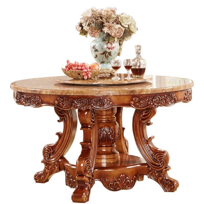 欧式餐桌实木圆桌大理石餐桌椅组合6人圆形饭桌子带转盘别墅家用