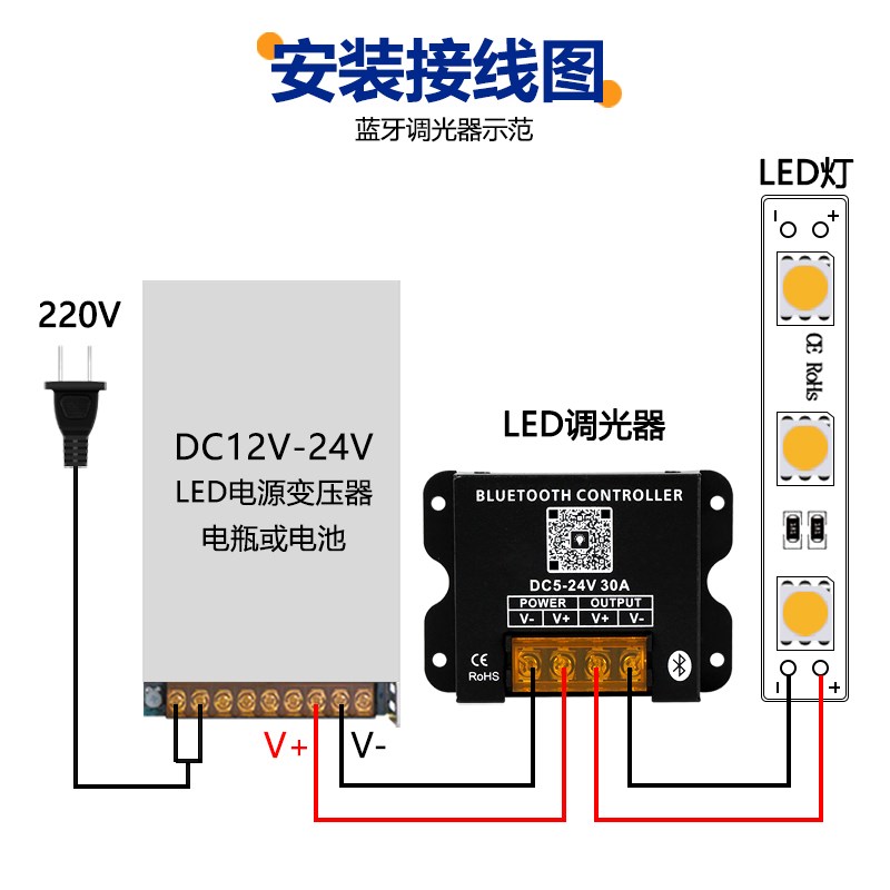 led手机蓝牙无线调光控制器5V12V24遥控调节低压灯带灯条无极亮度