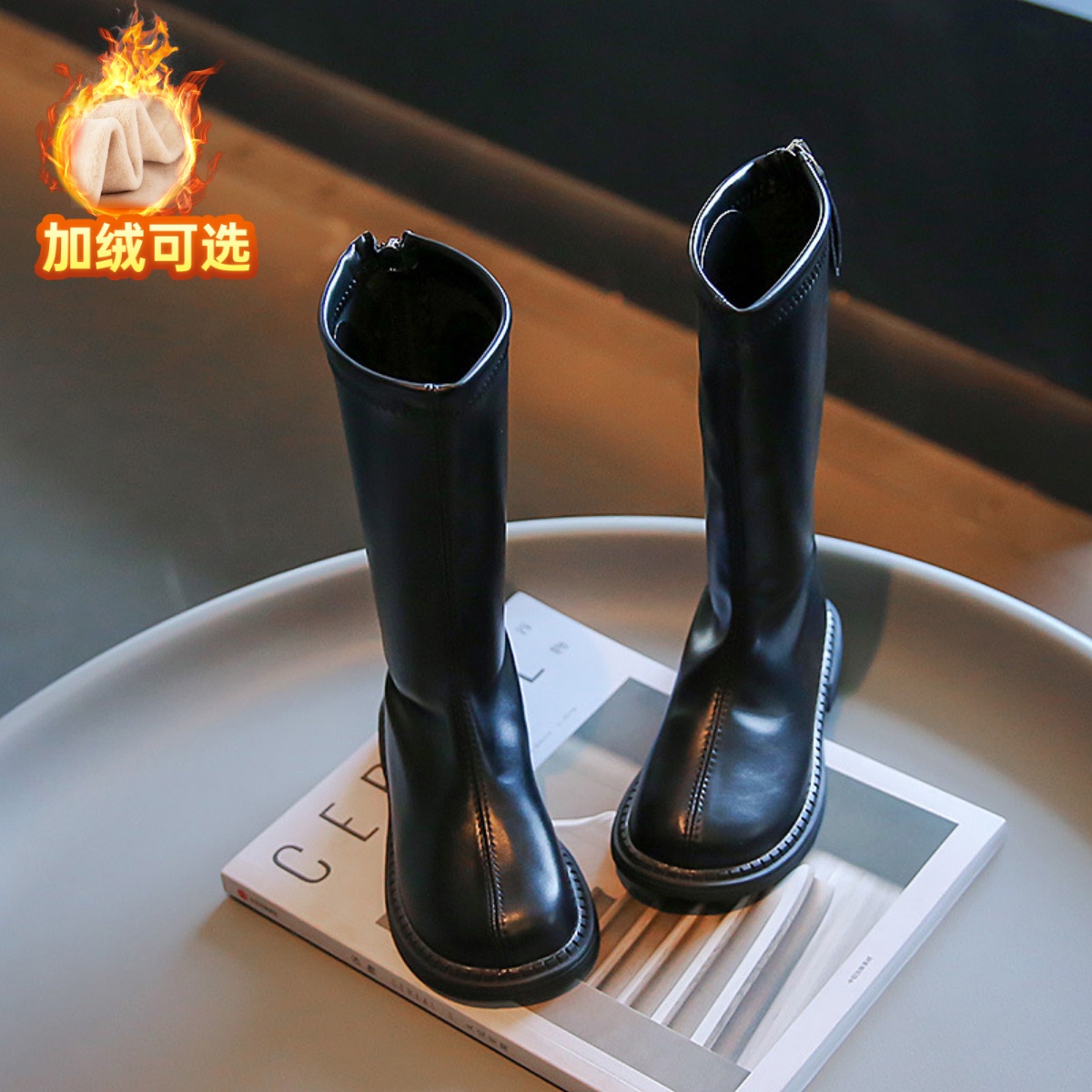 小黄鸭儿童靴女童靴子2023秋冬马丁靴女孩皮靴高筒靴公主长靴黑色