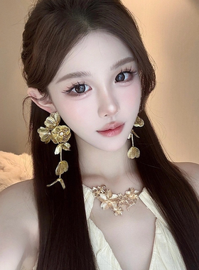 金色花朵流苏耳环女秋冬高级感夸张大女主气质耳坠复古新娘耳饰品