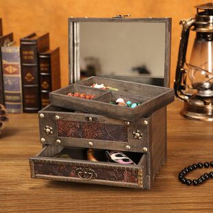 中式复古风梳妆盒桌面仿古木制收纳盒结婚首饰品储物盒带锁木箱子