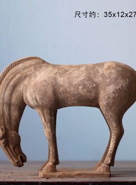 唐代陶瓷马摆件纯手工仿古做旧高古陶器古玩收藏中式家居酒店装饰