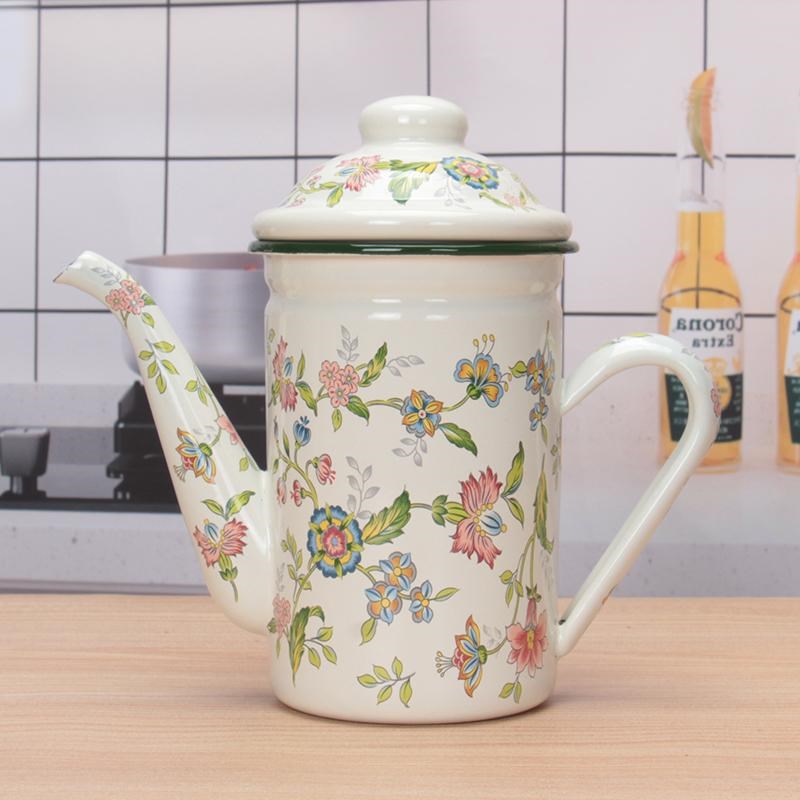 600ml芳香尖嘴油o壶带滤网调味壶家用厨房储油壶加厚珐琅搪瓷油壶