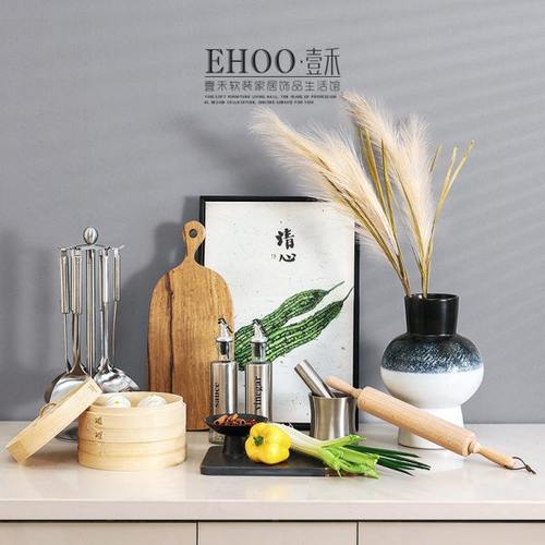 新中式样板房间厨房摆件装饰品蒸笼炒具擀面杖陶瓷花艺售楼部道具