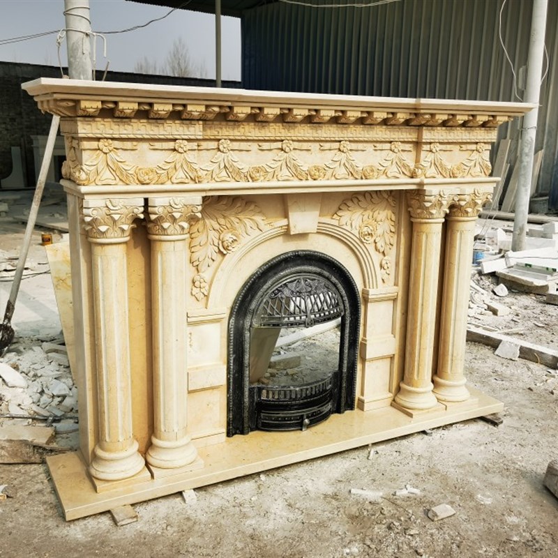 埃及米黄法式欧式大理石双罗马柱天然大理石S石材壁炉架定制
