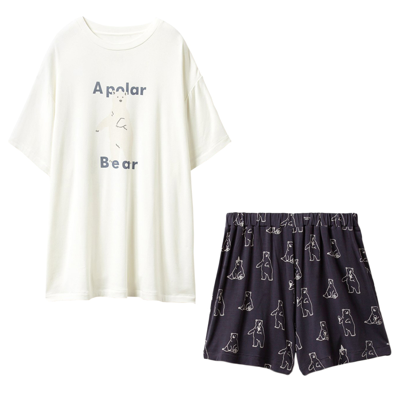 日系可爱卡通北极熊情侣莫代尔睡衣C夏薄款宽松软糯家居服休闲大