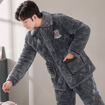 睡衣男冬季加厚加绒珊瑚绒三层夹棉男士保暖法兰绒秋冬家居服套装