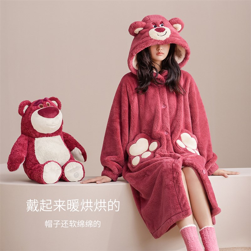 静韵【超柔软】迪士尼草莓熊珊瑚绒睡衣女秋冬睡袍长款浴袍家居服