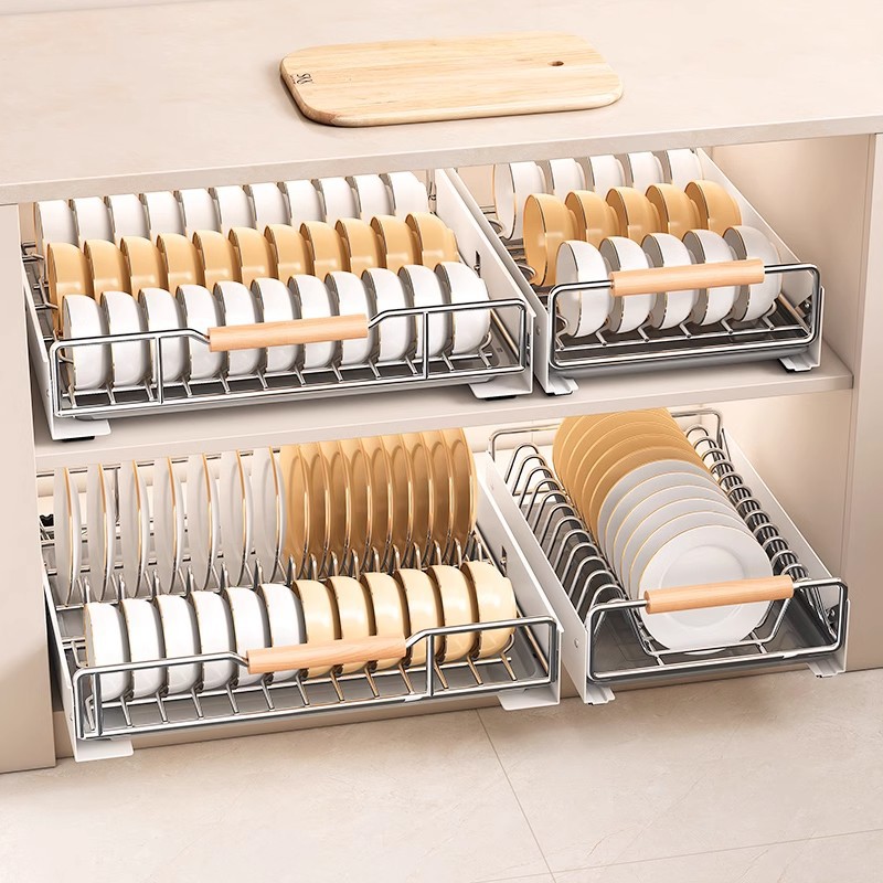 厨房橱柜内置物架抽屉式拉篮抽拉放盘子沥水碗架不锈钢碗碟收纳架