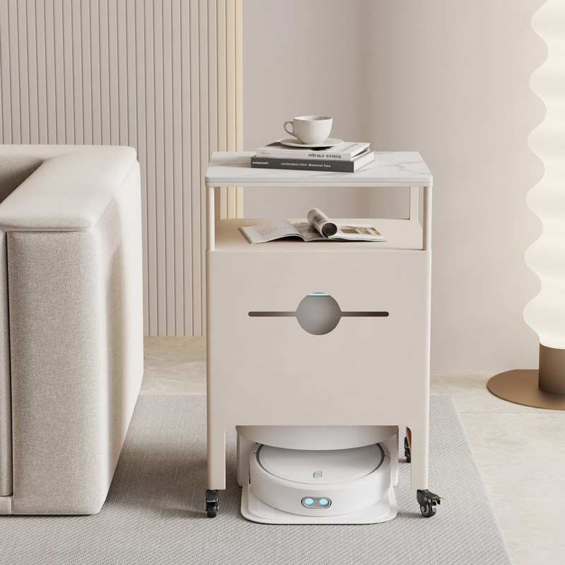 扫地机器人基站上方置物架收纳柜鱼缸架带轮扫地机岩板边几奶油风